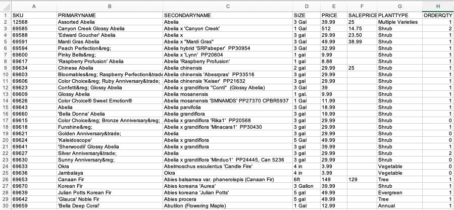 Columns A-H of Excel Pricing Updater