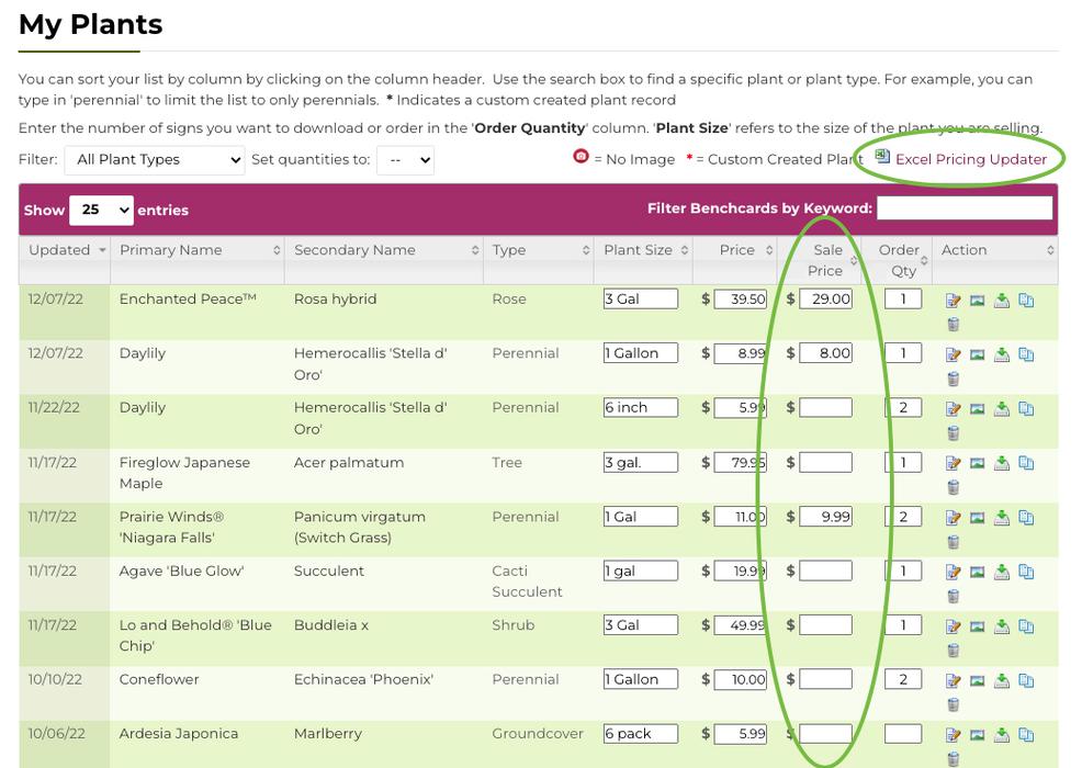 Update Plant Pricing, including SALE price, with Excel Export/Import